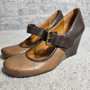 NAYA Women Brown Taupe Leather Snake Print Wedge‎ Mary Jane Shoes Size 7